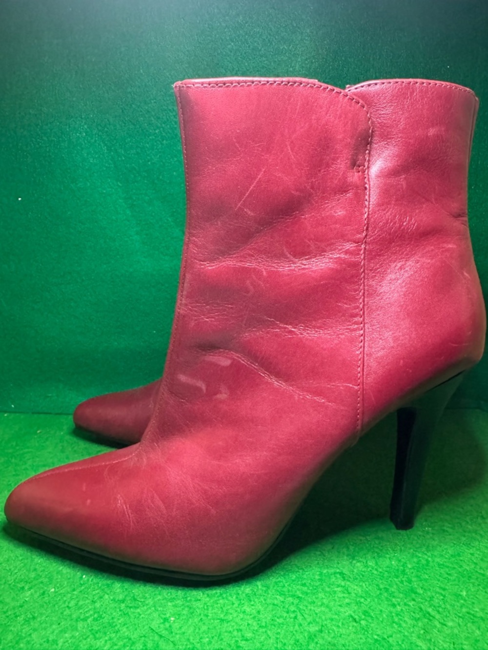 Nine West Berry-Red Pointed Toe Leather Ankle Boots